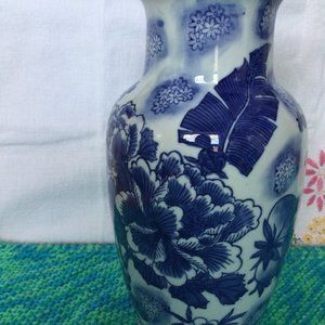 Blue and white vase decorated with flowers, grapes and pomegranate 10.25" tall